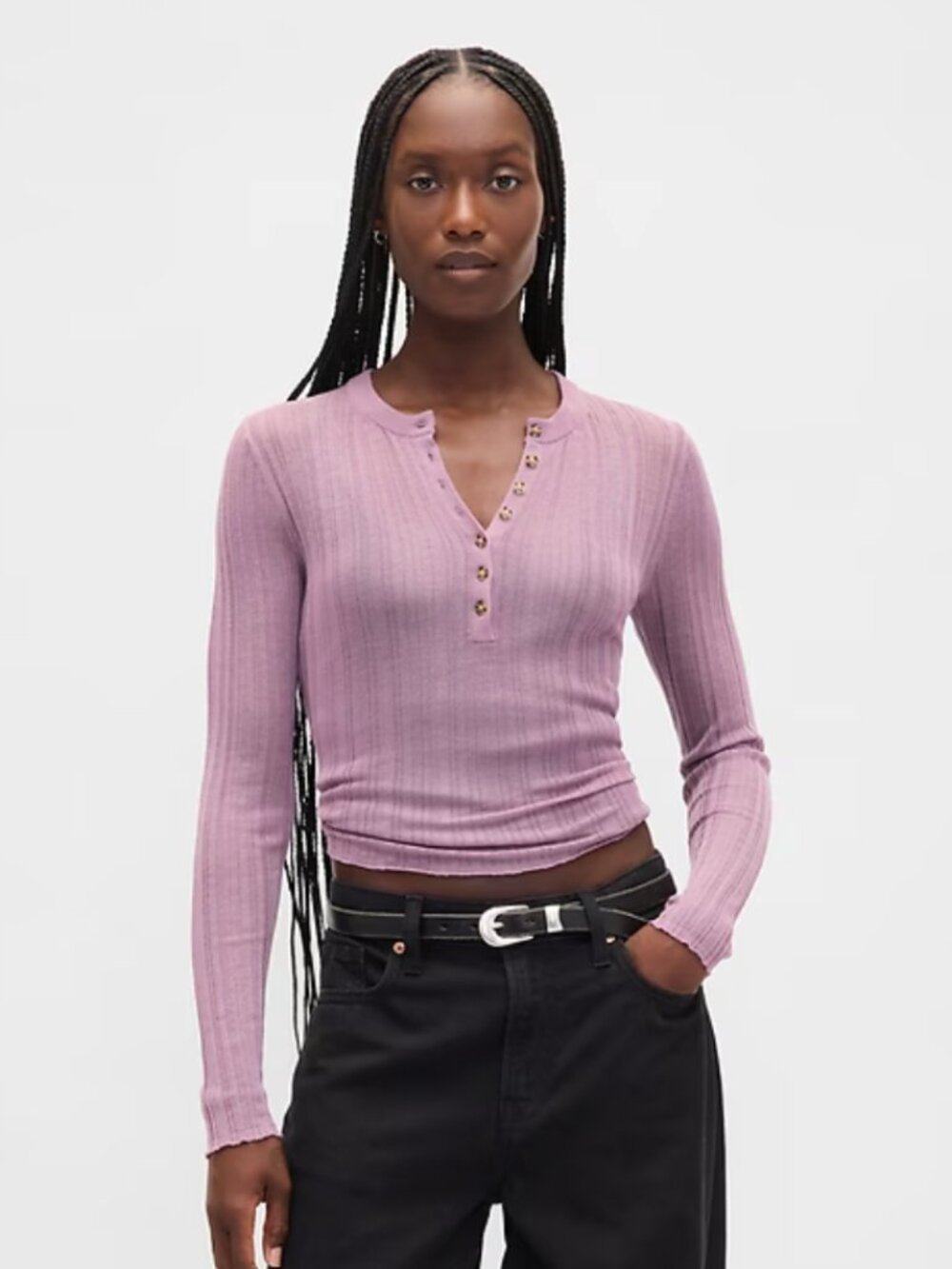 Gap Sheer Ribbed Henley Purple Button Slim Fit Top Size Medium New With Tags